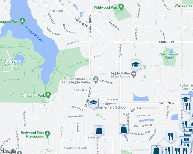 map of restaurants, bars, coffee shops, grocery stores, and more near 14285 Hibiscus Court in Apple Valley