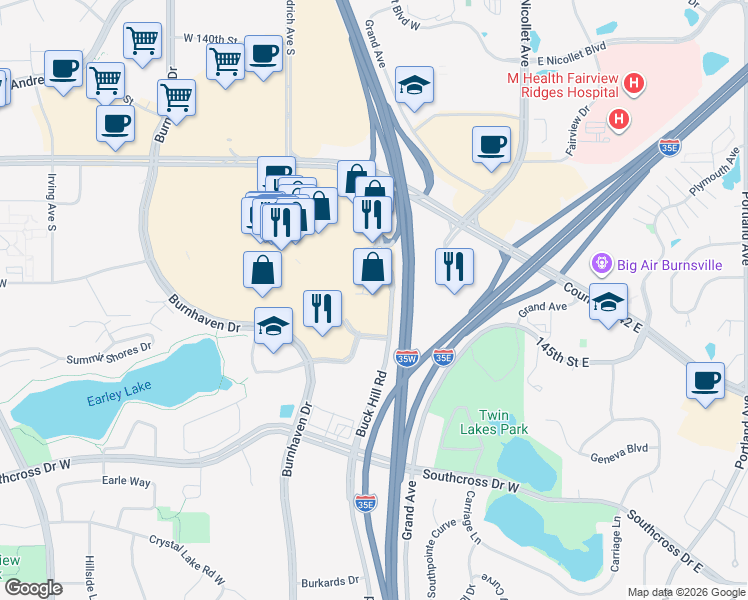 map of restaurants, bars, coffee shops, grocery stores, and more near 14270 Buck Hill Road in Burnsville