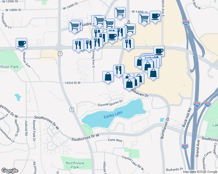 map of restaurants, bars, coffee shops, grocery stores, and more near 1561 Summit Shores Way in Burnsville