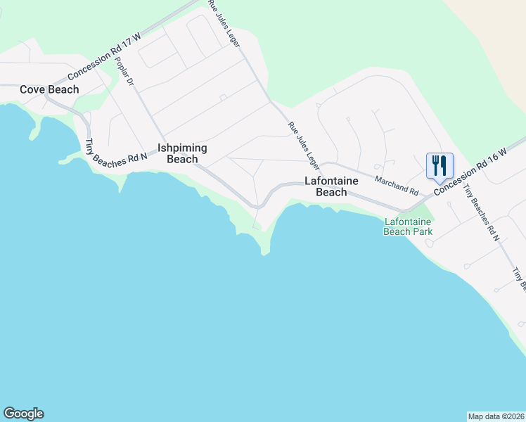 map of restaurants, bars, coffee shops, grocery stores, and more near 1428 Tiny Beaches Road North in Simcoe County