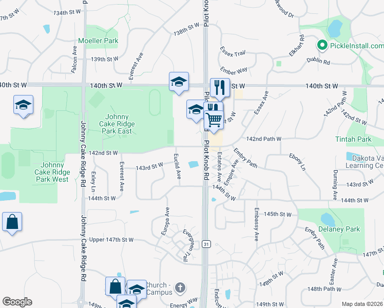 map of restaurants, bars, coffee shops, grocery stores, and more near 5520 142nd Street West in Apple Valley