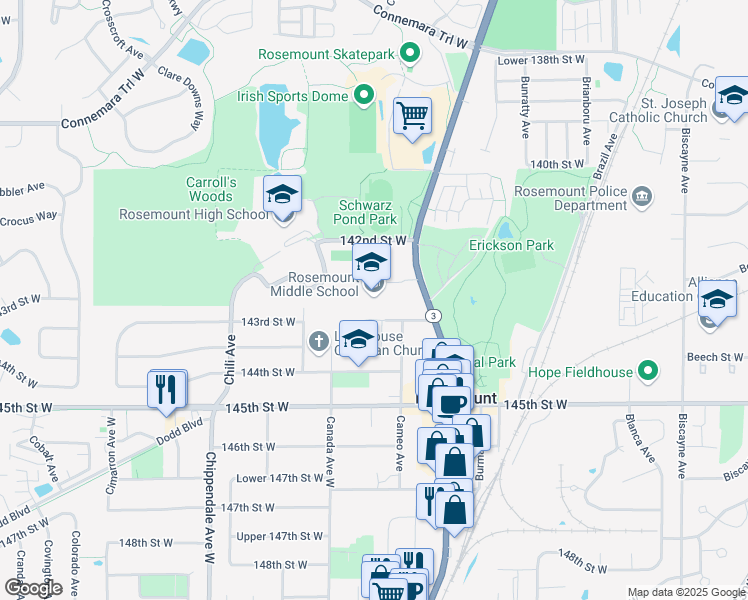 map of restaurants, bars, coffee shops, grocery stores, and more near 3135 143rd Street West in Rosemount