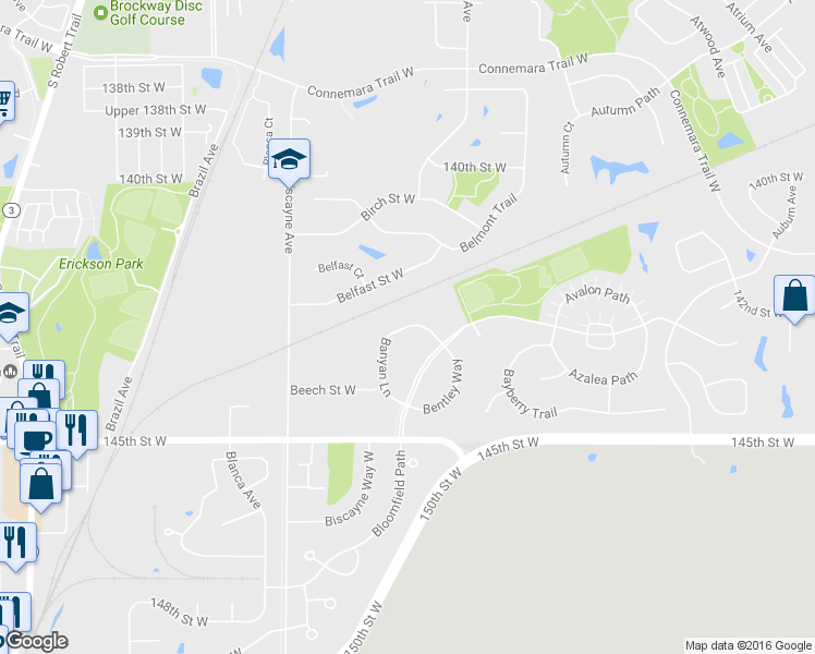 map of restaurants, bars, coffee shops, grocery stores, and more near 14271 Banyan Lane in Rosemount