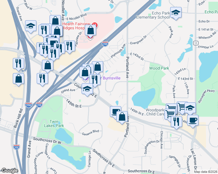 map of restaurants, bars, coffee shops, grocery stores, and more near 352 Upper Wood Way in Burnsville
