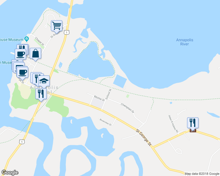 map of restaurants, bars, coffee shops, grocery stores, and more near 29 School Street in Annapolis Royal