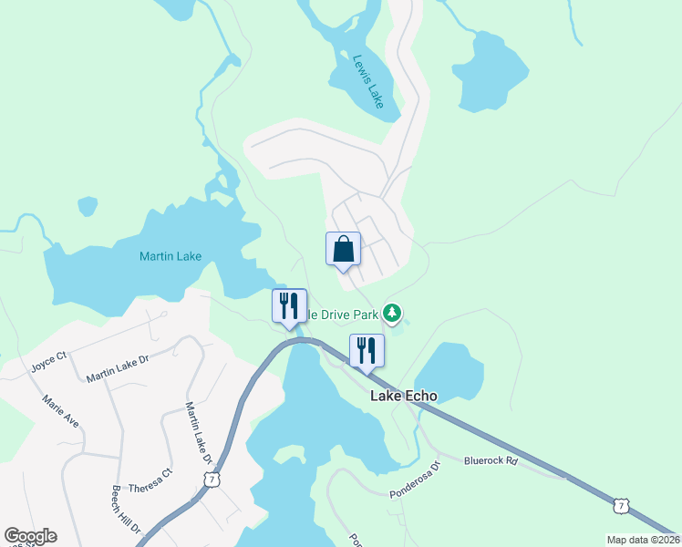 map of restaurants, bars, coffee shops, grocery stores, and more near 11 Snow White Drive in Lake Echo