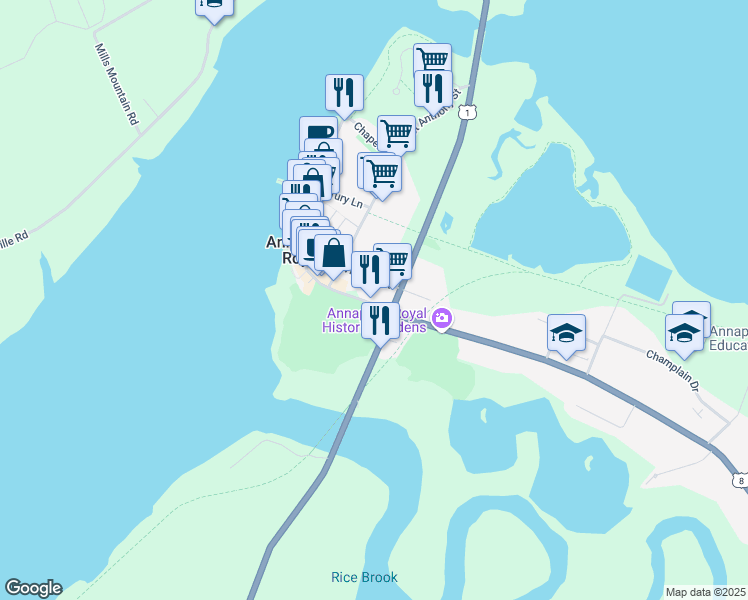 map of restaurants, bars, coffee shops, grocery stores, and more near 360 Saint George Street in Granville Ferry