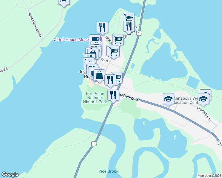 map of restaurants, bars, coffee shops, grocery stores, and more near 360 Saint George Street in Granville Ferry