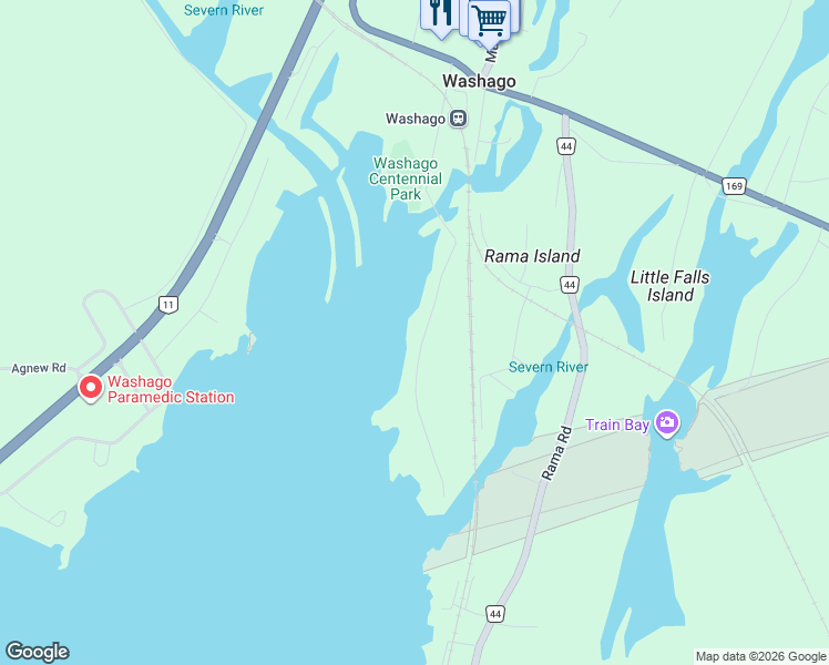 map of restaurants, bars, coffee shops, grocery stores, and more near 7668 Oak Point Road in Washago