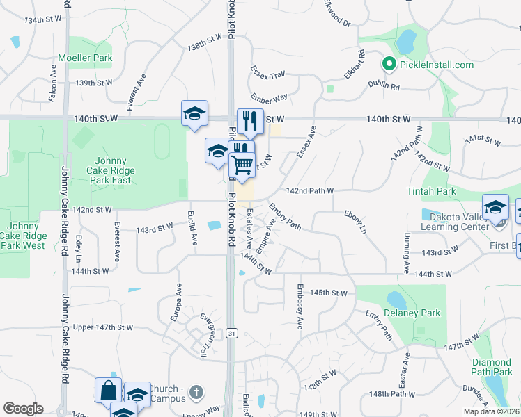 map of restaurants, bars, coffee shops, grocery stores, and more near 14304 Estates Avenue in Apple Valley