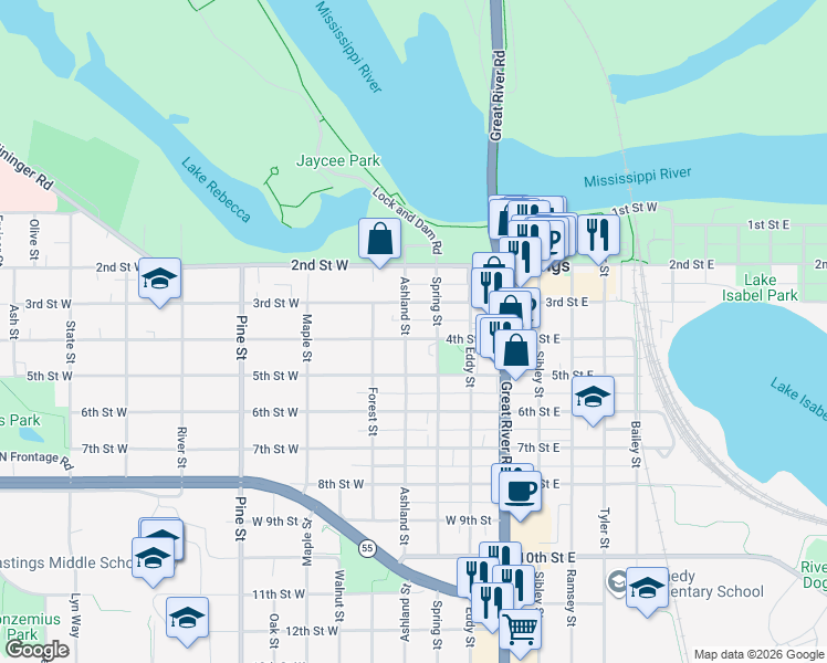 map of restaurants, bars, coffee shops, grocery stores, and more near 321 4th Street West in Hastings