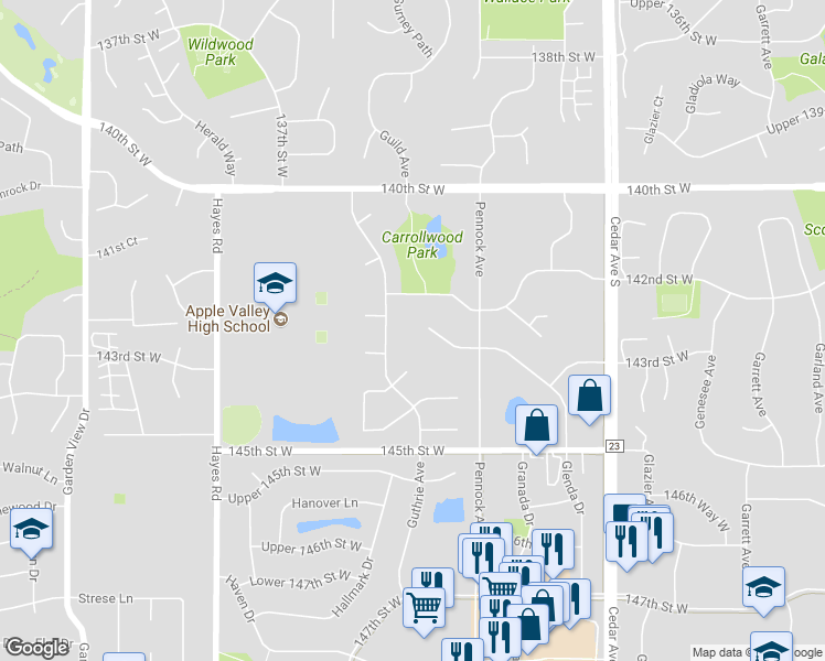 map of restaurants, bars, coffee shops, grocery stores, and more near 7862 Glenda Court in Apple Valley