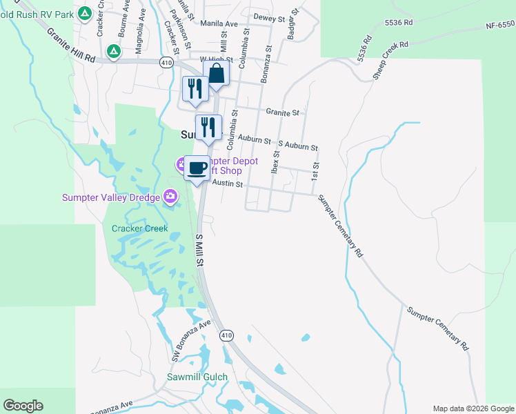 map of restaurants, bars, coffee shops, grocery stores, and more near 382 Ash Street in Sumpter