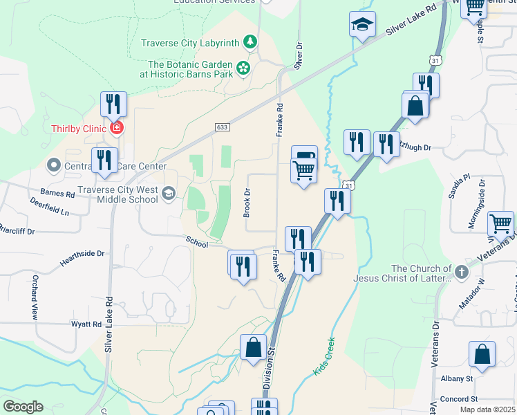 map of restaurants, bars, coffee shops, grocery stores, and more near 3998 Brook Drive in Traverse City