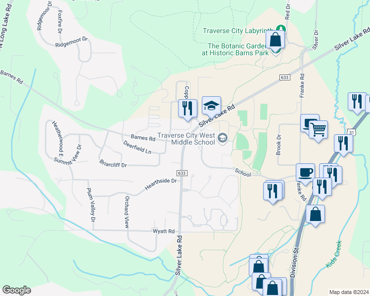 map of restaurants, bars, coffee shops, grocery stores, and more near 3950 Silver Lake Road in Traverse City