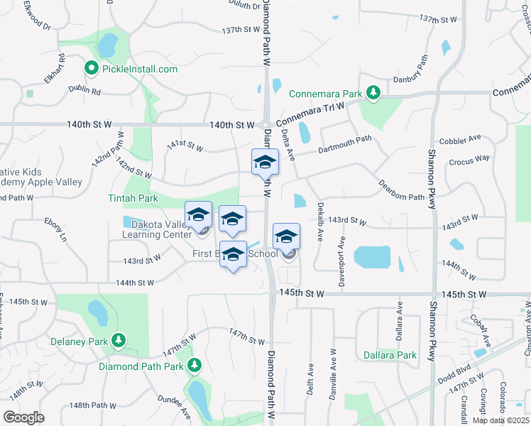 map of restaurants, bars, coffee shops, grocery stores, and more near 14445 Diamond Path West in Rosemount