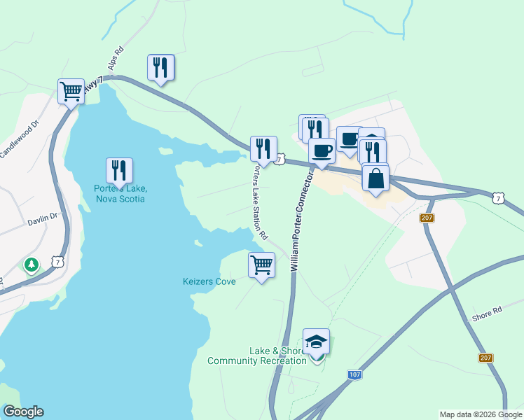 map of restaurants, bars, coffee shops, grocery stores, and more near 266 West Porters Lake Road in Porters Lake