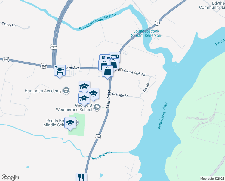 map of restaurants, bars, coffee shops, grocery stores, and more near 5 Cottage Street in Hampden