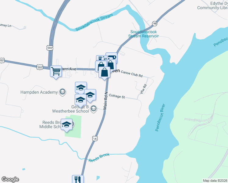 map of restaurants, bars, coffee shops, grocery stores, and more near 17 Cottage Street in Hampden