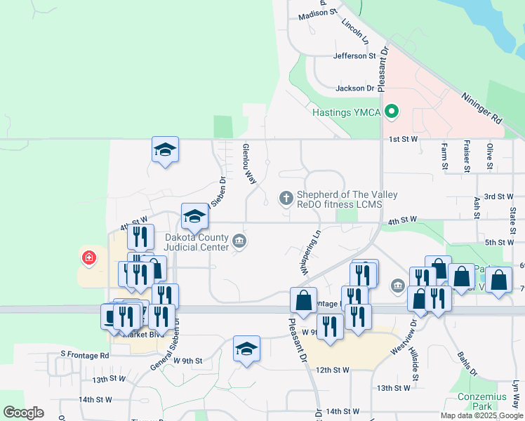 map of restaurants, bars, coffee shops, grocery stores, and more near 366 Summit Point Court in Hastings