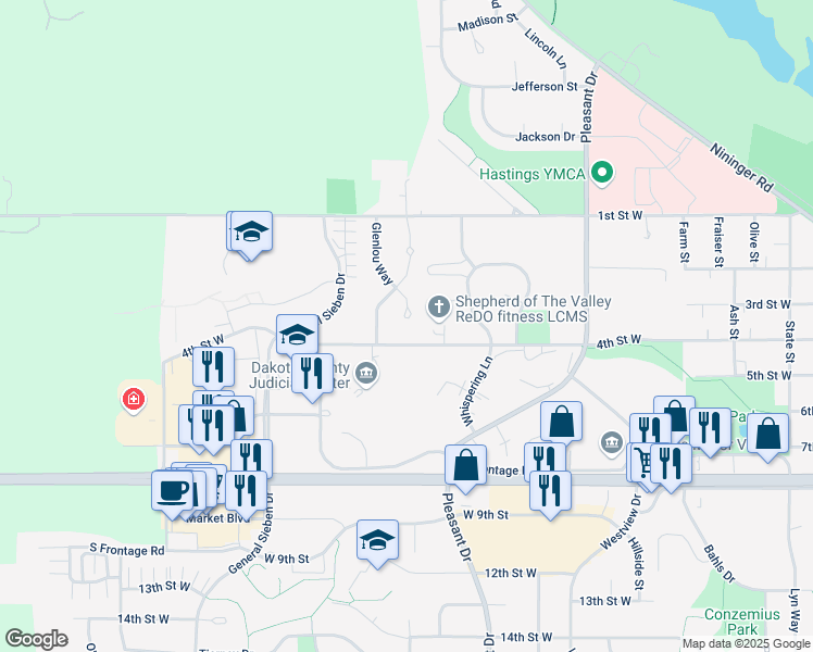 map of restaurants, bars, coffee shops, grocery stores, and more near 366 Summit Point Court in Hastings