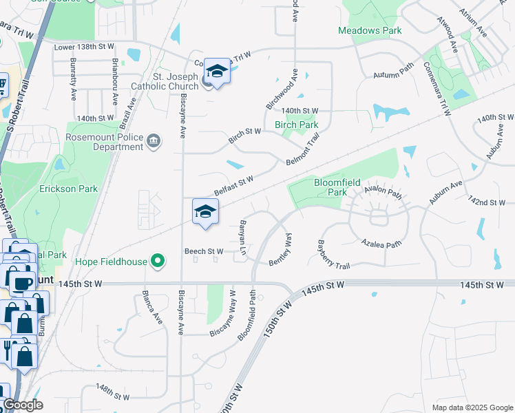 map of restaurants, bars, coffee shops, grocery stores, and more near 14327 Banyan Lane in Rosemount