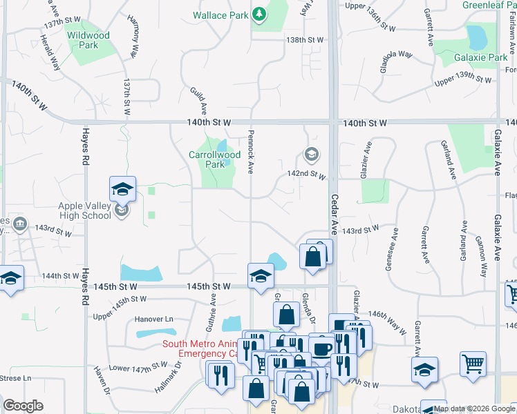 map of restaurants, bars, coffee shops, grocery stores, and more near 14320 Glenda Drive in Apple Valley