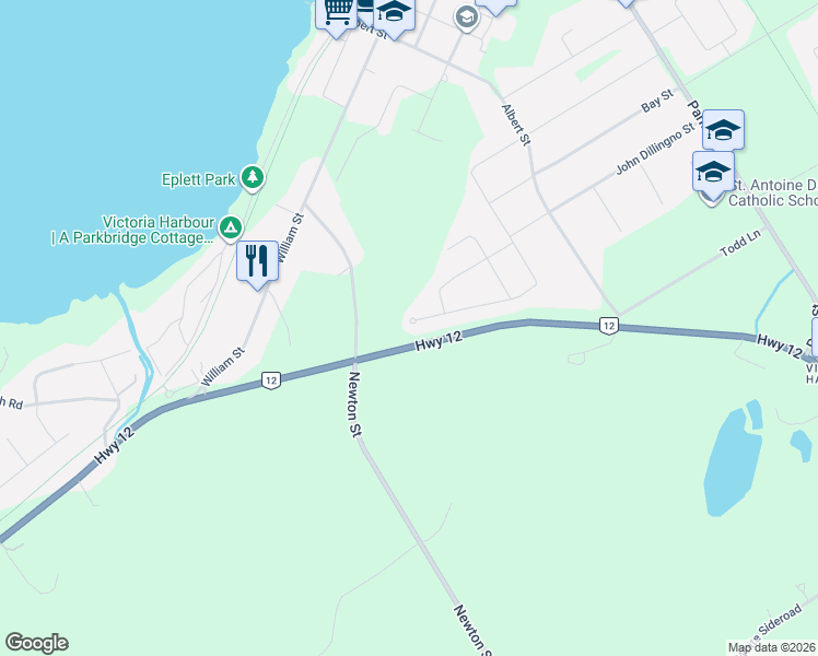 map of restaurants, bars, coffee shops, grocery stores, and more near 55 Hunter Avenue in Simcoe County
