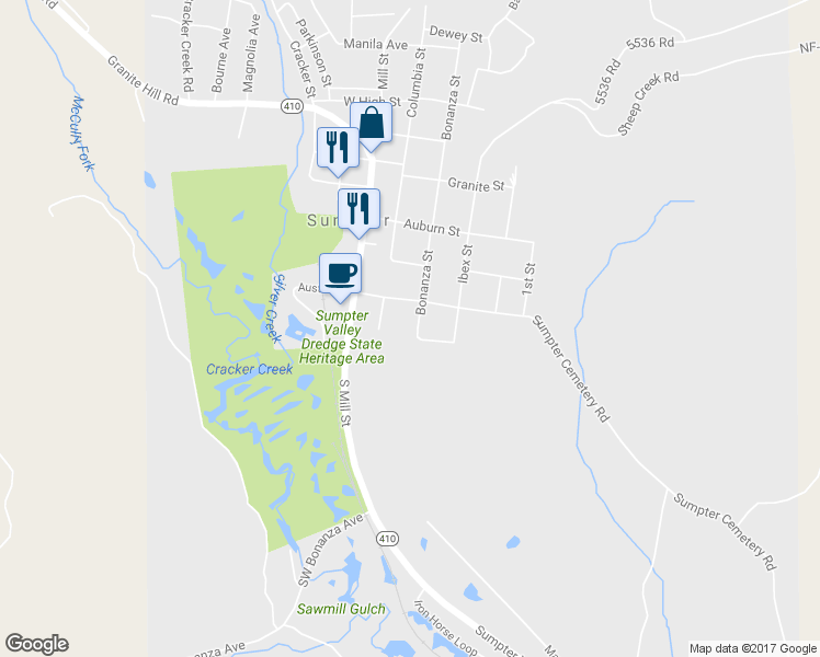 map of restaurants, bars, coffee shops, grocery stores, and more near 275 Austin Street in Sumpter