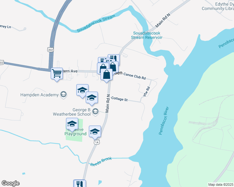 map of restaurants, bars, coffee shops, grocery stores, and more near 17 Cottage Street in Hampden