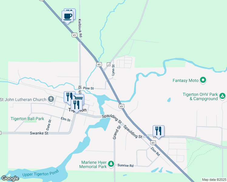 map of restaurants, bars, coffee shops, grocery stores, and more near U.S. 45 in Tigerton