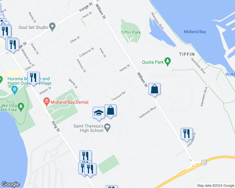 map of restaurants, bars, coffee shops, grocery stores, and more near 298 Lescaut Road in Midland