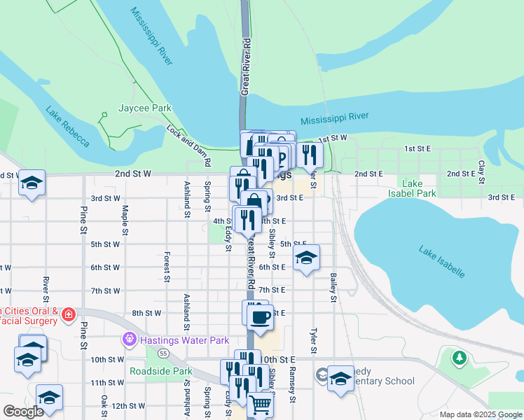 map of restaurants, bars, coffee shops, grocery stores, and more near 101 4th Street East in Hastings