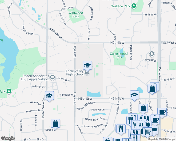 map of restaurants, bars, coffee shops, grocery stores, and more near 14450 Hayes Rd in Apple Valley