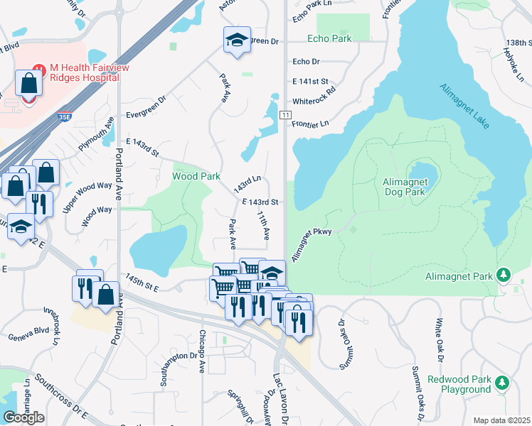 map of restaurants, bars, coffee shops, grocery stores, and more near 14240 11th Avenue in Burnsville