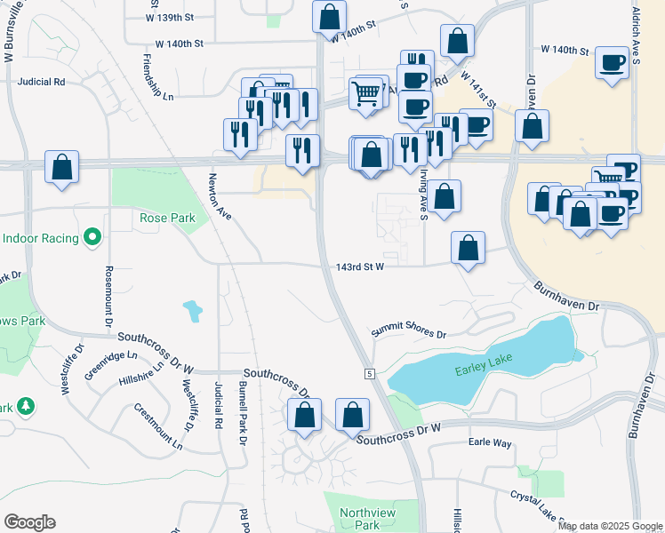 map of restaurants, bars, coffee shops, grocery stores, and more near 14241-14299 County Road 5 in Burnsville