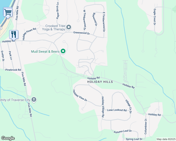 map of restaurants, bars, coffee shops, grocery stores, and more near 4110 Robinhood Lane in Traverse City
