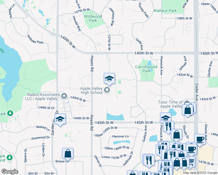 map of restaurants, bars, coffee shops, grocery stores, and more near 14450 Hayes Road in Apple Valley