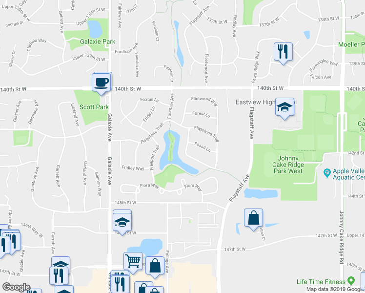 map of restaurants, bars, coffee shops, grocery stores, and more near 14247 Footbridge Way in Apple Valley