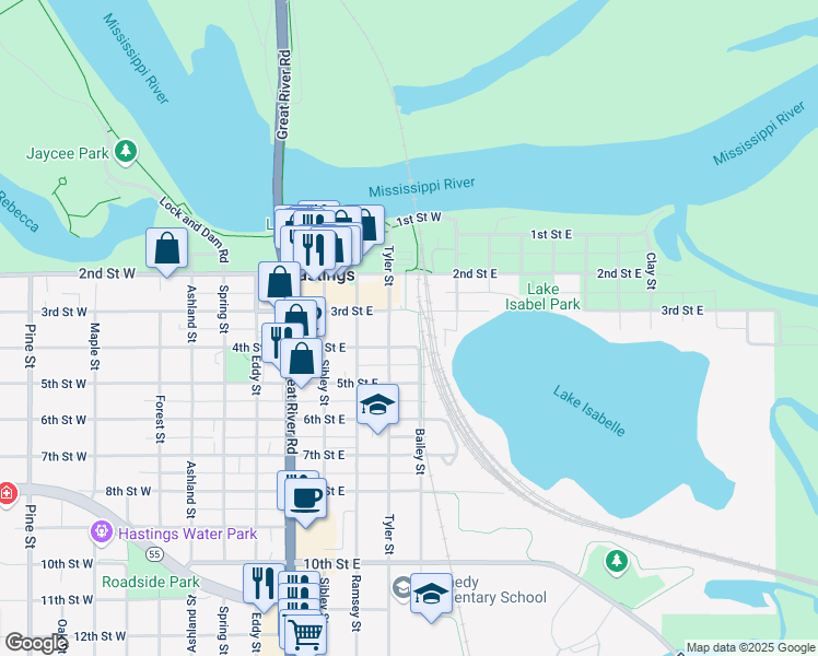 map of restaurants, bars, coffee shops, grocery stores, and more near 317 3rd Street East in Hastings