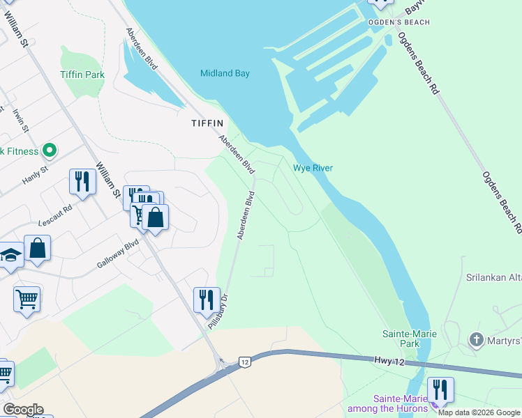 map of restaurants, bars, coffee shops, grocery stores, and more near 105 Pillsbury Drive in Midland