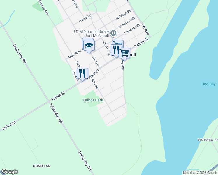 map of restaurants, bars, coffee shops, grocery stores, and more near 480 Broderick Street in Port McNicoll