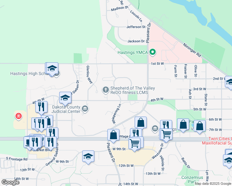 map of restaurants, bars, coffee shops, grocery stores, and more near 516 Whispering Lane in Hastings