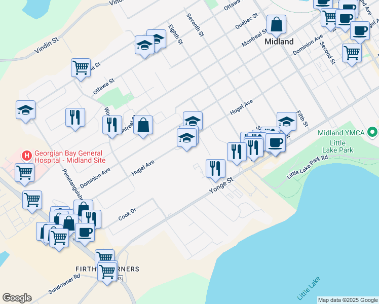 map of restaurants, bars, coffee shops, grocery stores, and more near 865 Hugel Avenue in Midland