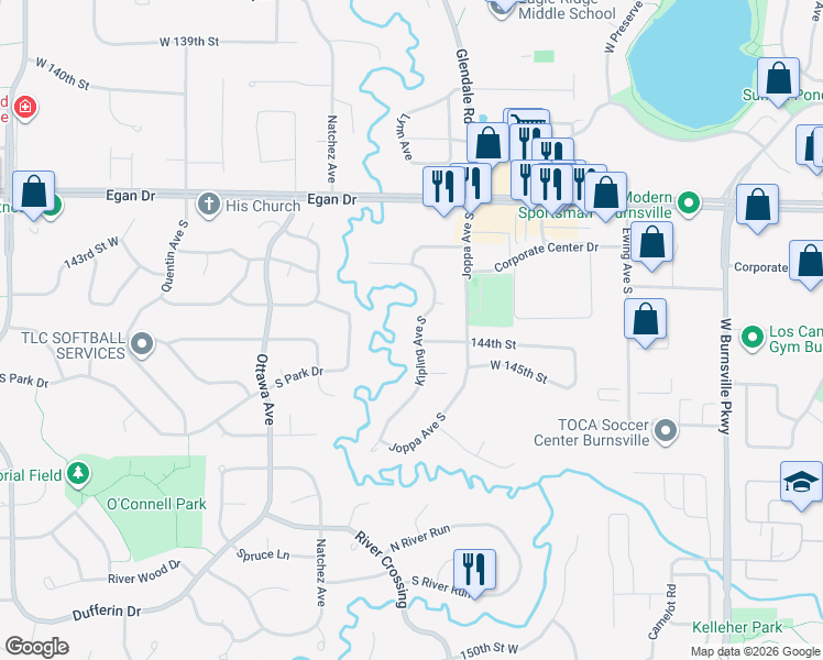 map of restaurants, bars, coffee shops, grocery stores, and more near 14388 Kipling Avenue South in Savage