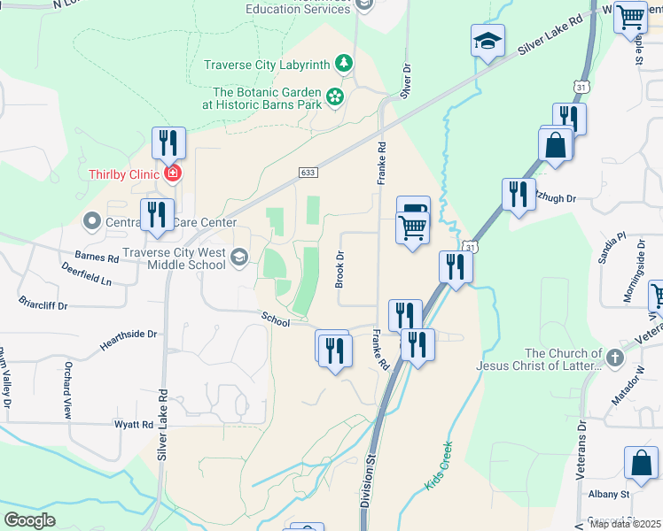 map of restaurants, bars, coffee shops, grocery stores, and more near 3768-3998 Brook Drive in Traverse City