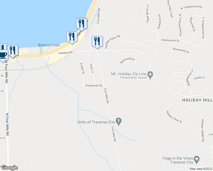 map of restaurants, bars, coffee shops, grocery stores, and more near 3884 Five Mile Road in Traverse City