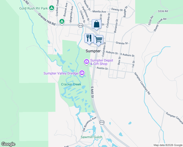 map of restaurants, bars, coffee shops, grocery stores, and more near 175 Austin Street in Sumpter