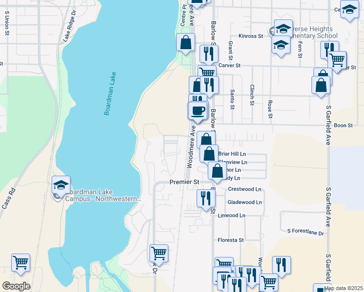 map of restaurants, bars, coffee shops, grocery stores, and more near 1505 Kent Street in Traverse City