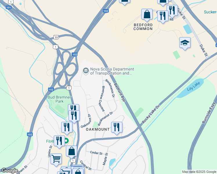 map of restaurants, bars, coffee shops, grocery stores, and more near 169 Rockmanor Drive in Bedford